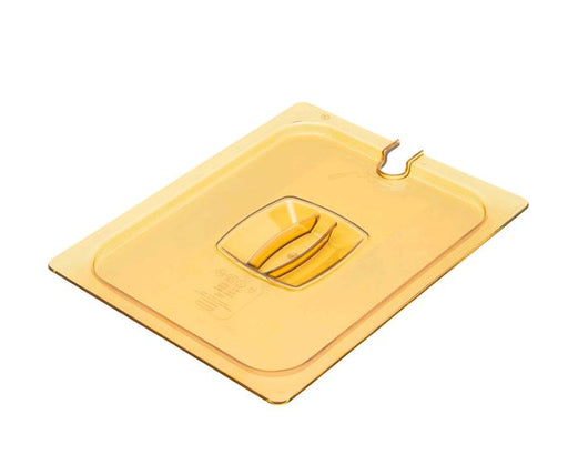 Rubbermaid 1/2 Size Amber Notched High Heat Food Pan Lid with Handle on white background