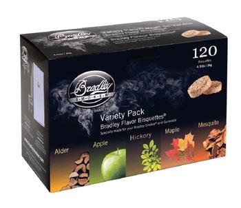 Bradley Smoker 5 Flavor Variety Pack Wood Bisquettes in box on white background