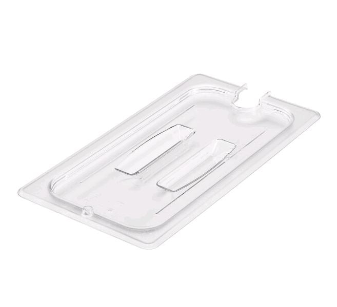 Cambro 30CWCHN135 Camwear 1/3 Size Clear Polycarbonate Handled Lid with Spoon Notch on white background