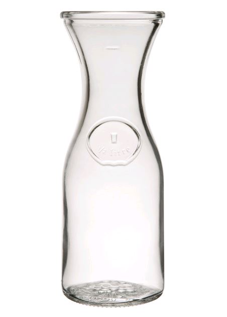Libbey 17oz Wine Decanter with emblem on center empty on white table