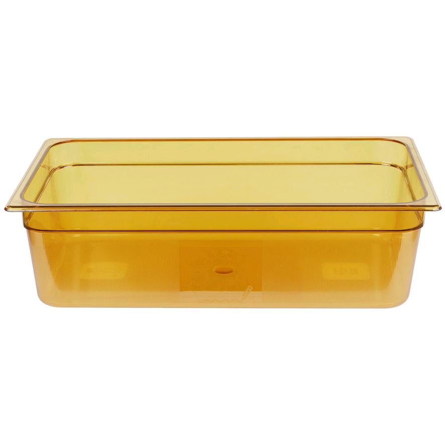 Rubbermaid Full Size 6" dep Amber High Heat Plastic Food Pan FG232P00AMBR* empty on white background