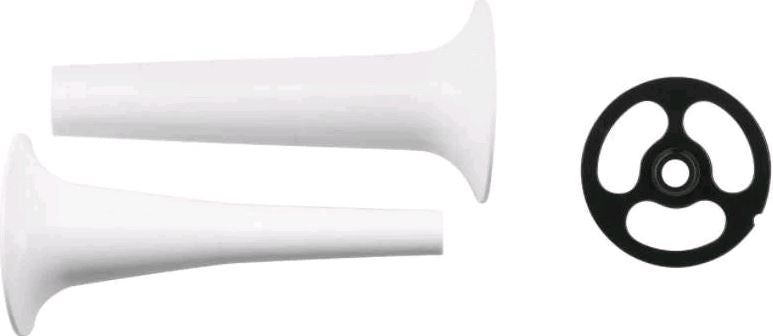2 plain white KitchenAid sausage stuffer tubes on white background