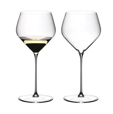 RIEDEL 6330/97 Veloce Chardonnay - 2 Pack on white background with chardonnay in one glass