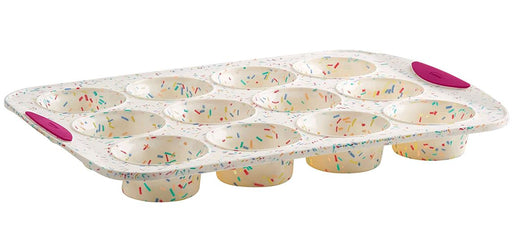 Trudeau Structured Silicone 12 Cup Confetti Cupcake and Muffin Pan side view on white background