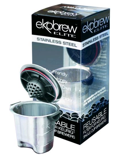 Ekobrew Stainless Steel Elite Refillable K-Cup for Keurig and Ekobrew Brewers in front of packaging on white background