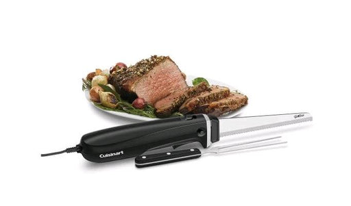 Cuisinart Electric Knife Set with Cutting Board CEK-41C in front of plate of meat on white background