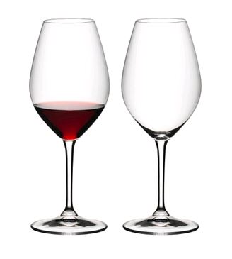 RIEDEL 6422/02-2 Wine Friendly Red Wine - 2 Pack on white background with one glass full of red wine