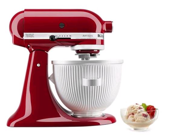 KitchenAid KSMICM Ice Cream Maker Attachment on red mixer with bowl of ice cream beside it on white background