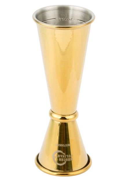Mercer M37005GD 1 oz. & 2 oz. Gold-Plated Japanese Style Jigger on white background