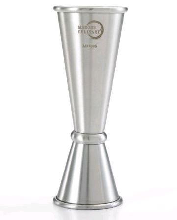 Mercer Culinary M37005 Barfly 1 oz and 2 oz Stainless Steel Japanese Style Jigger With Internal Marking Lines on white background