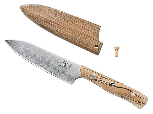 Mercer Culinary M37153 Premium Super Steel, 5-Inch Bar Knife, Olive Wood Handle/Saya Cover on white background