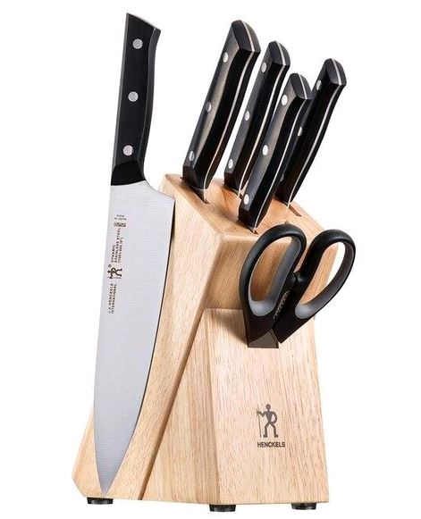 Henckels Dynamic 7 Pc Knife Block Set 17571-007 on white background with chef knife otside