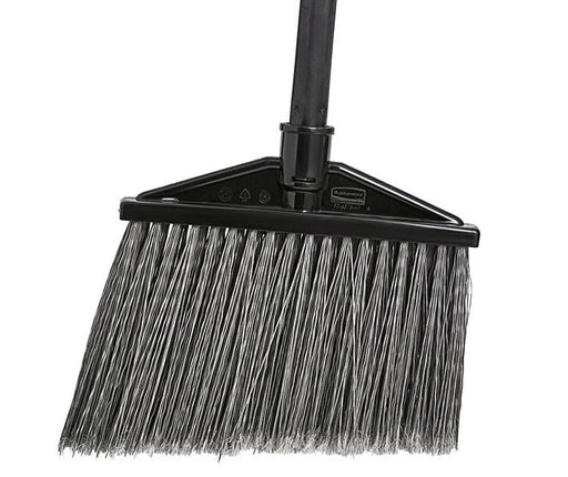 Rubbermaid 1861076 Executive Series Black Angle Broom with 48" Metal Handle on white background closeup