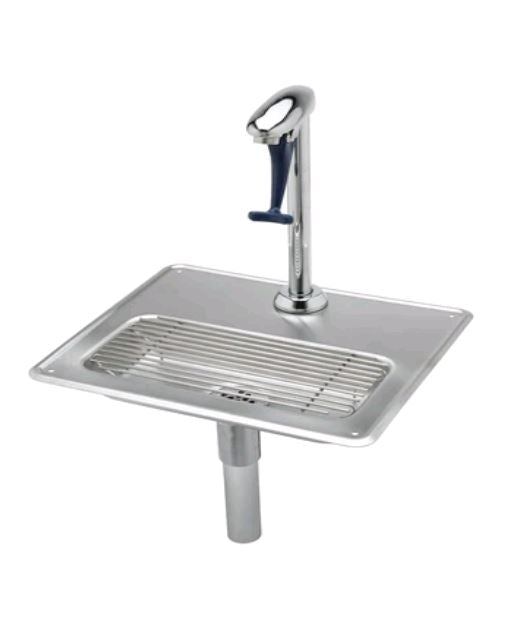 T&S Brass B-1230 Deck Mounted Push-Back Pedestal Glass Filler Station with Drip Pan & Drain on white background
