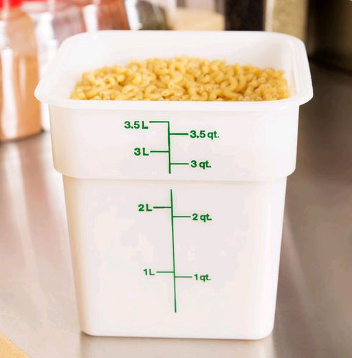 3.5 L Square Food Ingredient Bin, filled with uncooked macaroni on tabletop