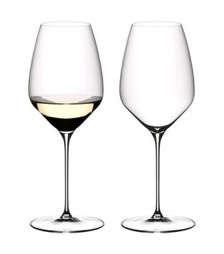 RIEDEL 6330/15 Veloce Riesling Glasses - 2 Pack on white background with one glass full of riesling