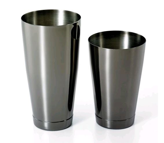Mercer Culinary M37009BK Barfly 28 oz And 18 oz 2-Piece Gun Metal Black Bar Shaker/Tin Set on white background