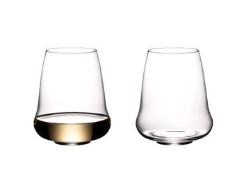 SL RIEDEL 6789/15 Stemless Wings Riesling/Sauvignon/Champagne Glass - 2 Pack on white background with wine in one