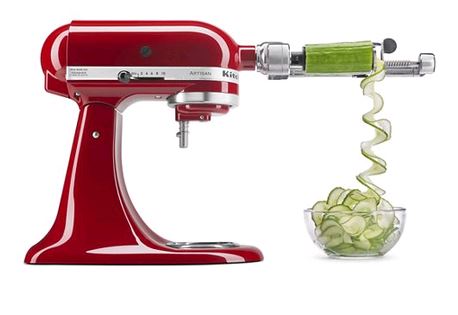 KitchenAid 7 Blade Spiralizer Plus with Peel, Core and Slice KSM2APC working on red mixer on white background