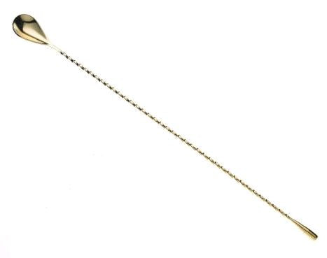 Mercer M37013GD Barfly 15 3/4" Gold Plated Finish Bar Spoon With Weighted Teardrop Shaped End on white background
