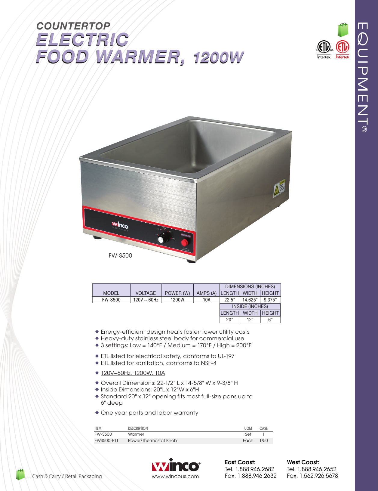 WINCO Electric Food Warmer FW-S500