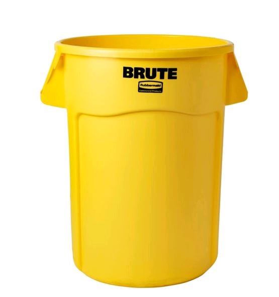 Rubbermaid Brute 44 gal. Yellow Round Plastic Trash Can FG264300YEL on white background